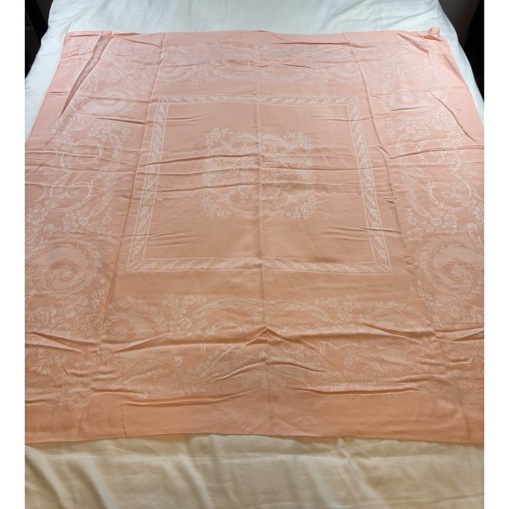 Jacquard Weave Peach Tablecloth Square Farmhouse Cottagecore 47" Square Vtg